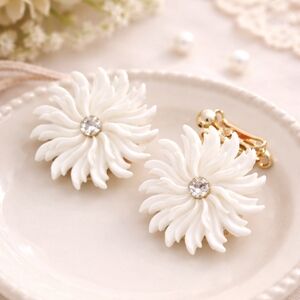 Vintage Style White Floral Clip-On Earrings w/ Rhinestone Center